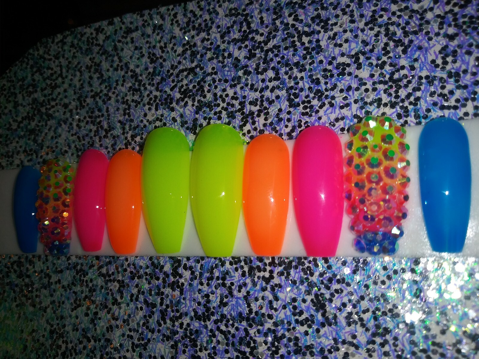 Neon Rainbow ombre bling nails w/ crystals Gel Press On jelly nails full set