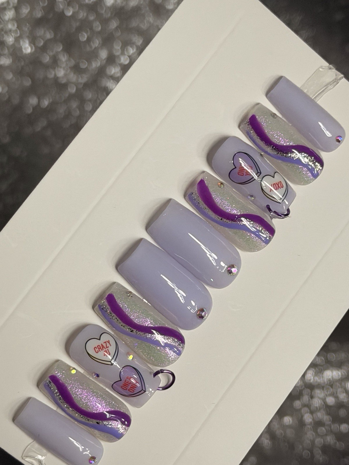 💜💎 CUSTOM Press On Nails PURPLE Heart BLING Rhinestones 10p SET W Kit
