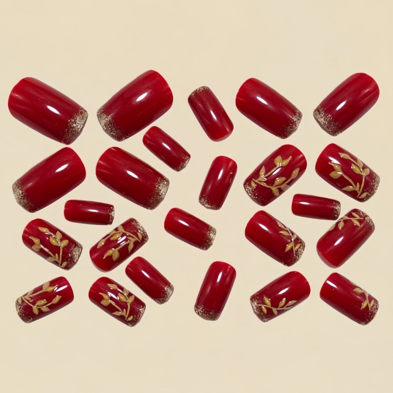 48 pieces of red glitter medium to long oval nail patches, suitable for women
