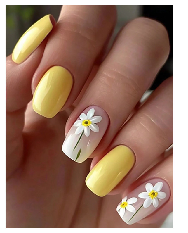24Pcs Midi Geometric Floral Style Matte Yellow Nail Tips