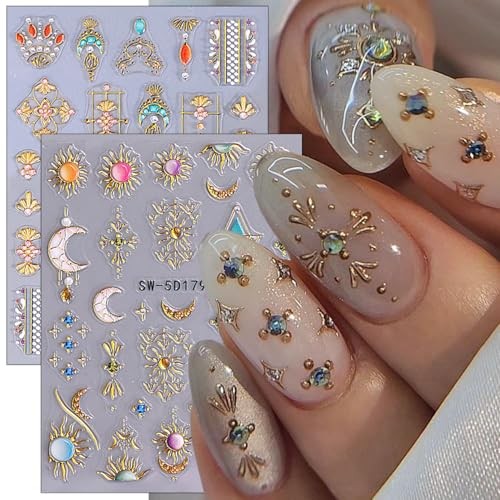 2 Sheets Bohemian Style Nail Decals Embossed Star Nail Art Star Nail Stickers