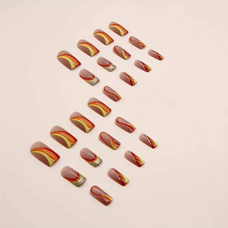 24pcs Vibrant Pumpkin Orange Glossy Square Press-On Nails – Silvery Glitter Stri