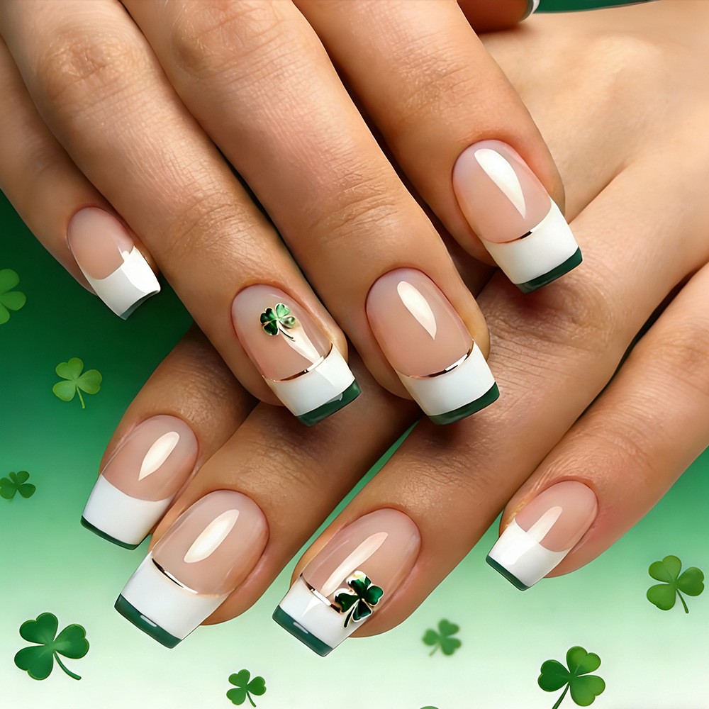 24pcs Green Clover French Press-On Nails. Detachable, Fresh & Festive for Women