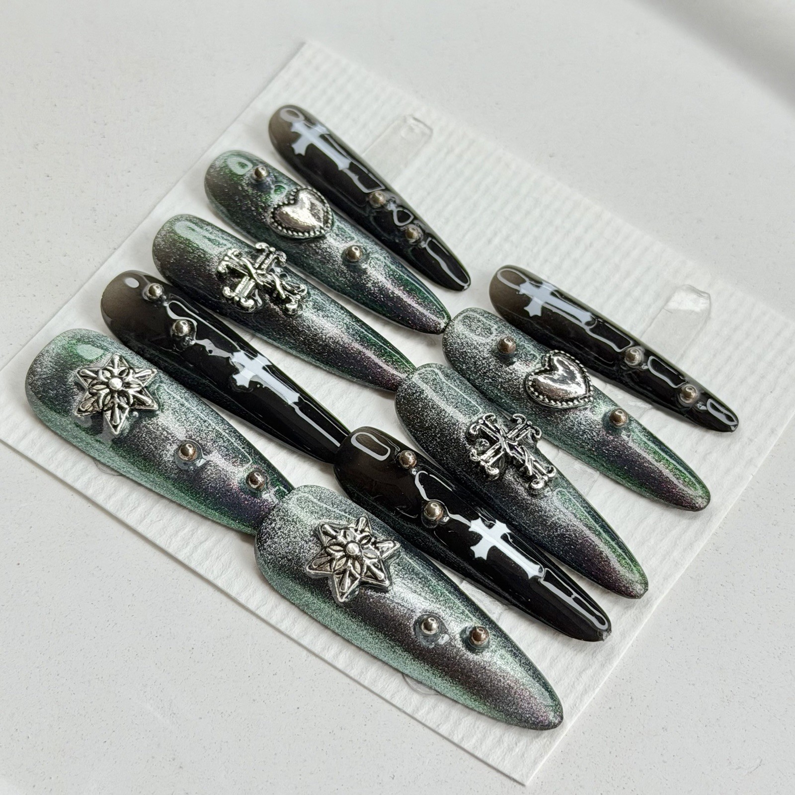 Handmade Cross Nails With Pearls Extra Long Stiletto Size M Reusable Y2K