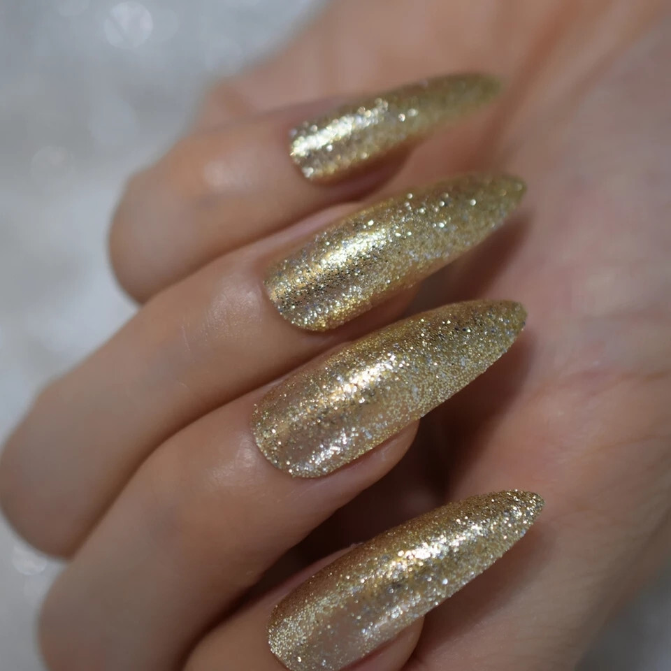 24 Press on Nails kit w Glue extra long stiletto Gold Glitter pointed catty