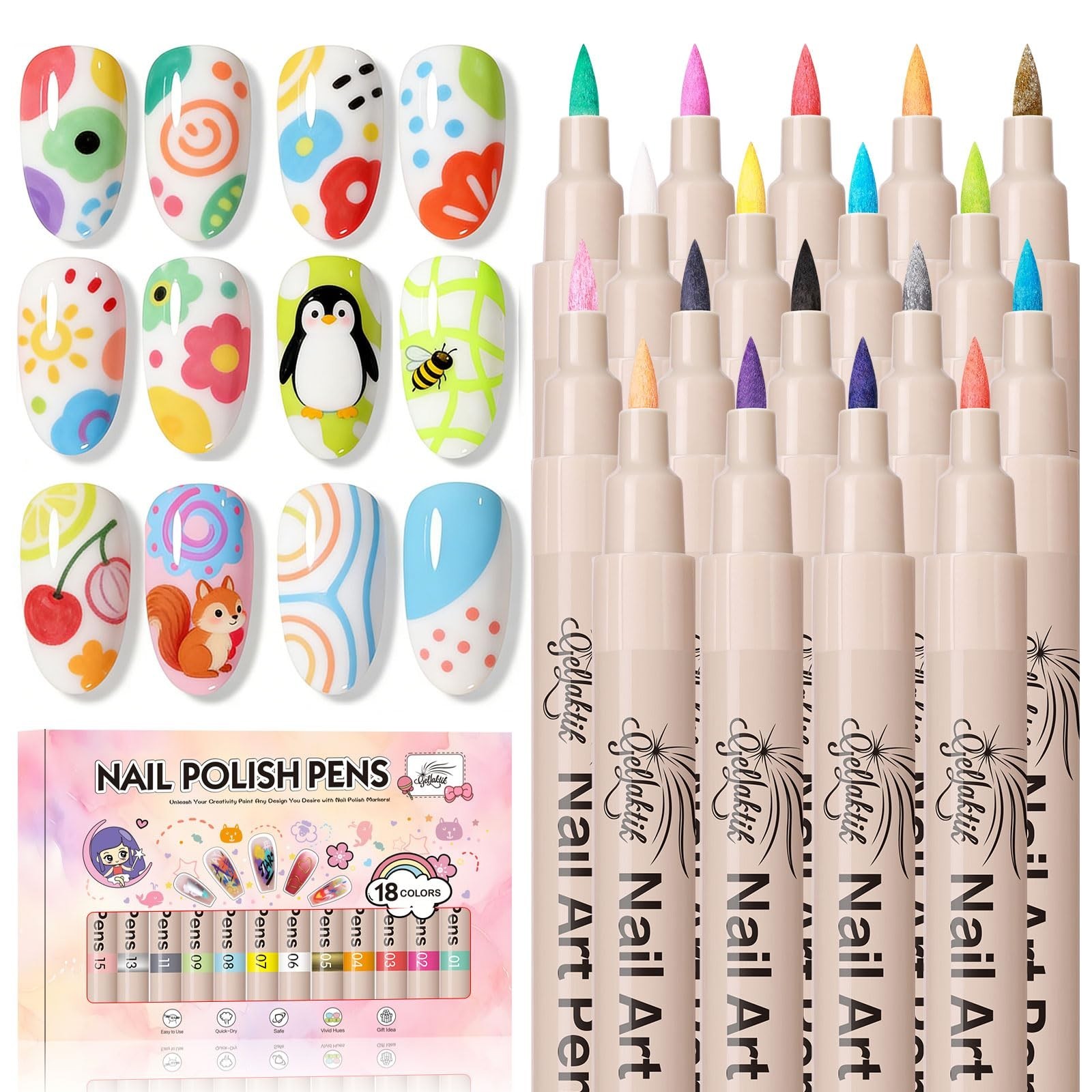 18 Colors Nail Art Pens Set – Quick-Drying Acrylic Paint Markers for DIY Nail De