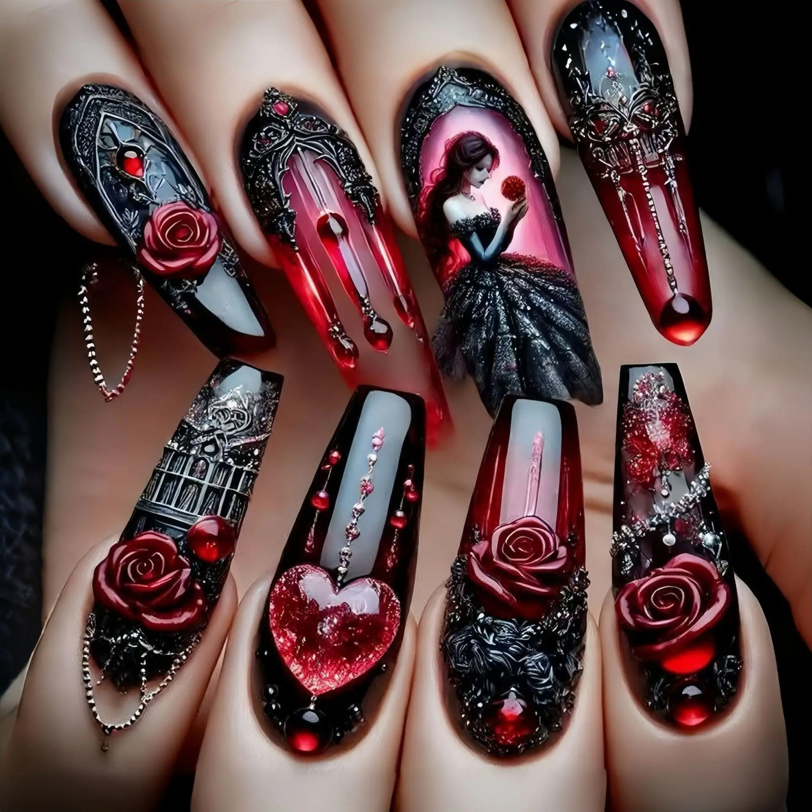 24pcs Valentine’s Day Press On Nails Gradient Red Black Cute Heart Rose French