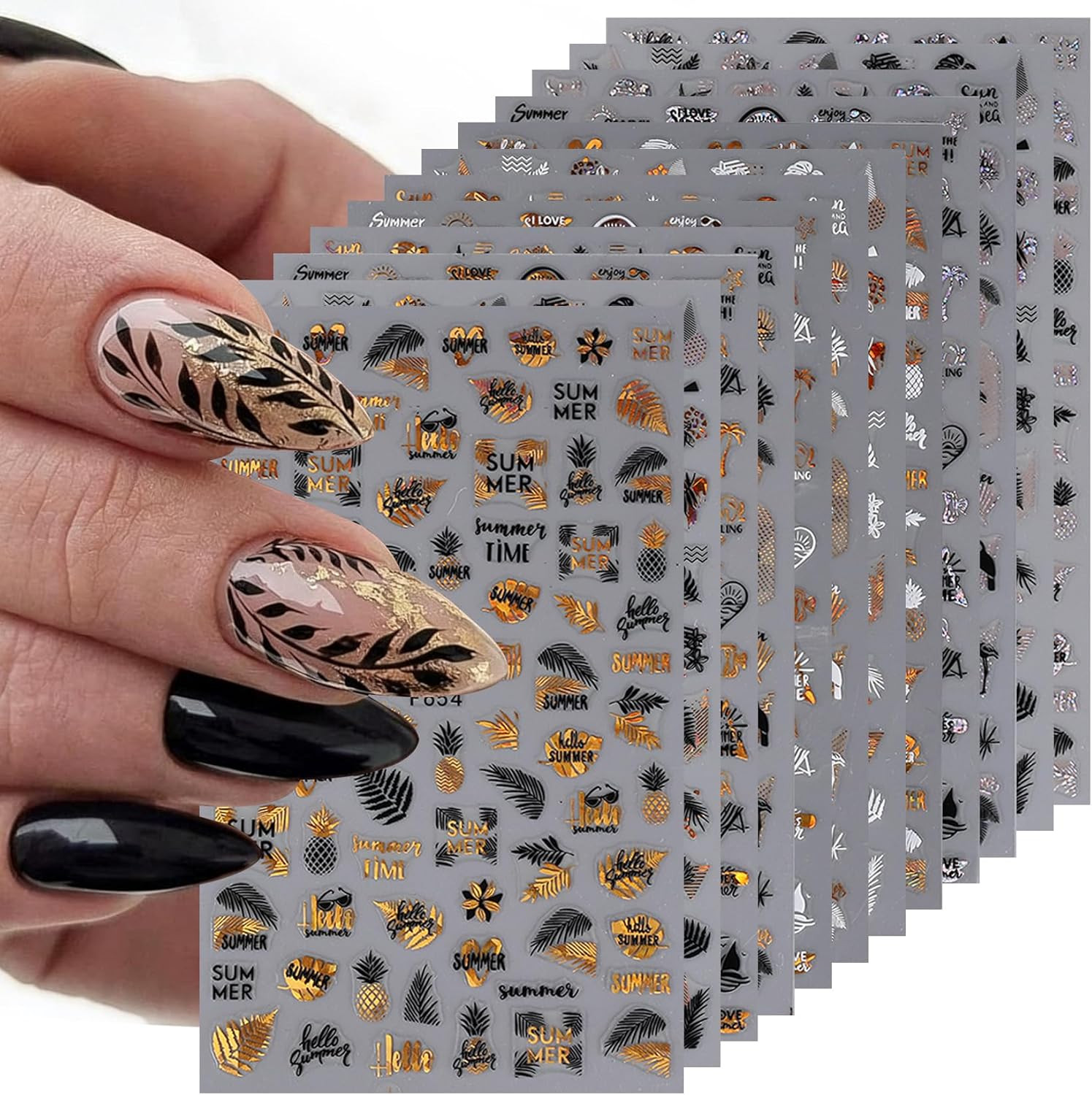 Leaves Nail Art Stickers 12 Sheets Metallic Gold Silver Palm Leaf Flamingo Na…