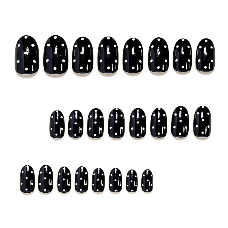 48pcs Oval Press On Nails, Solid Black Base with White Polka Dots, Glossy