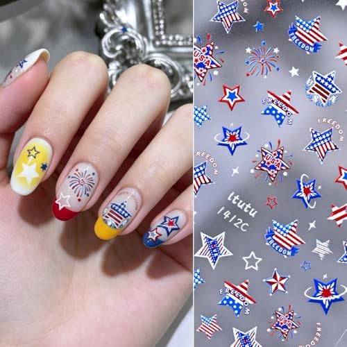 4th of July Nail Stickers 5D Embossed Star Decals Red White Blue Pattern27