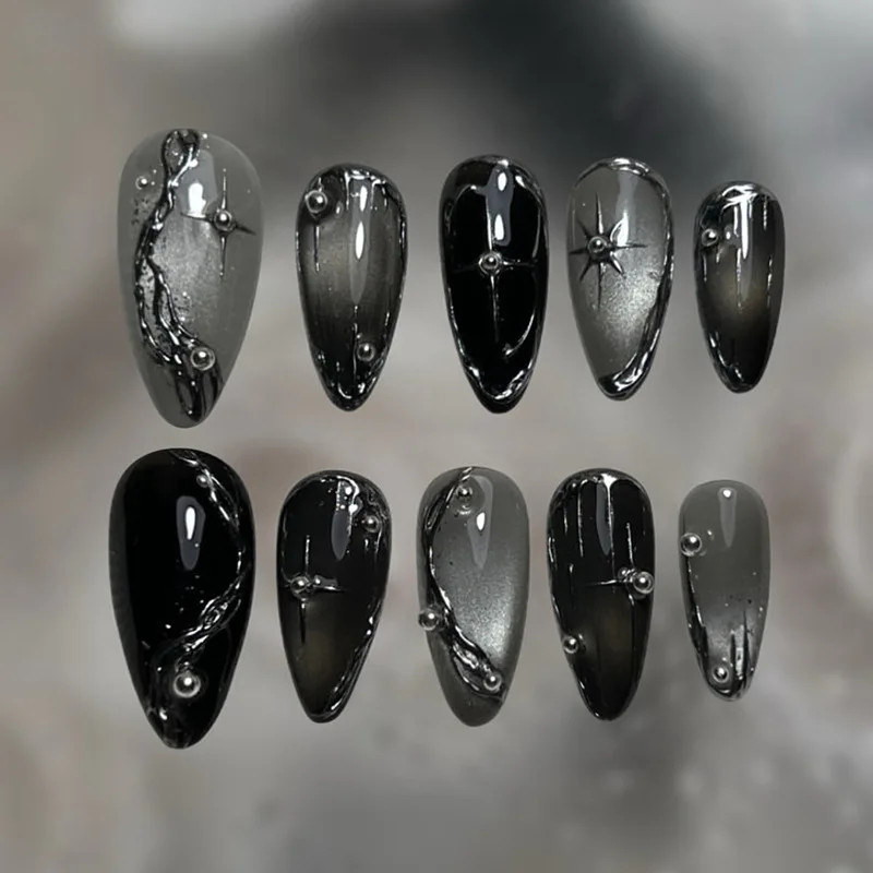 24Pcs Black Y2k Long Almond Fake Nails Cat’s Eye Silver Stripe Press on Nails