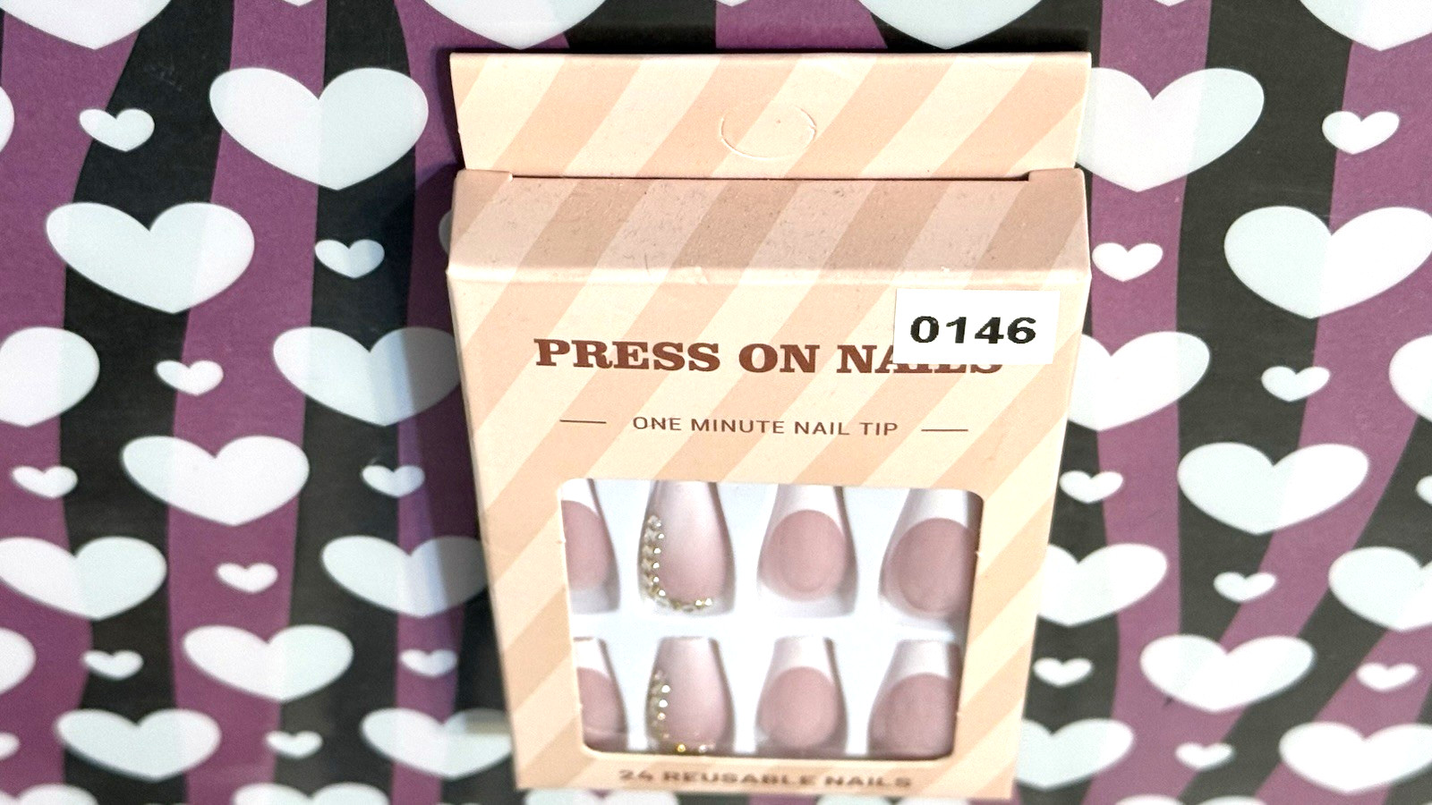 Press On Nails One Minute Nail Tip NUDE with WHITE FRENCH TIP & BLING 24 Long