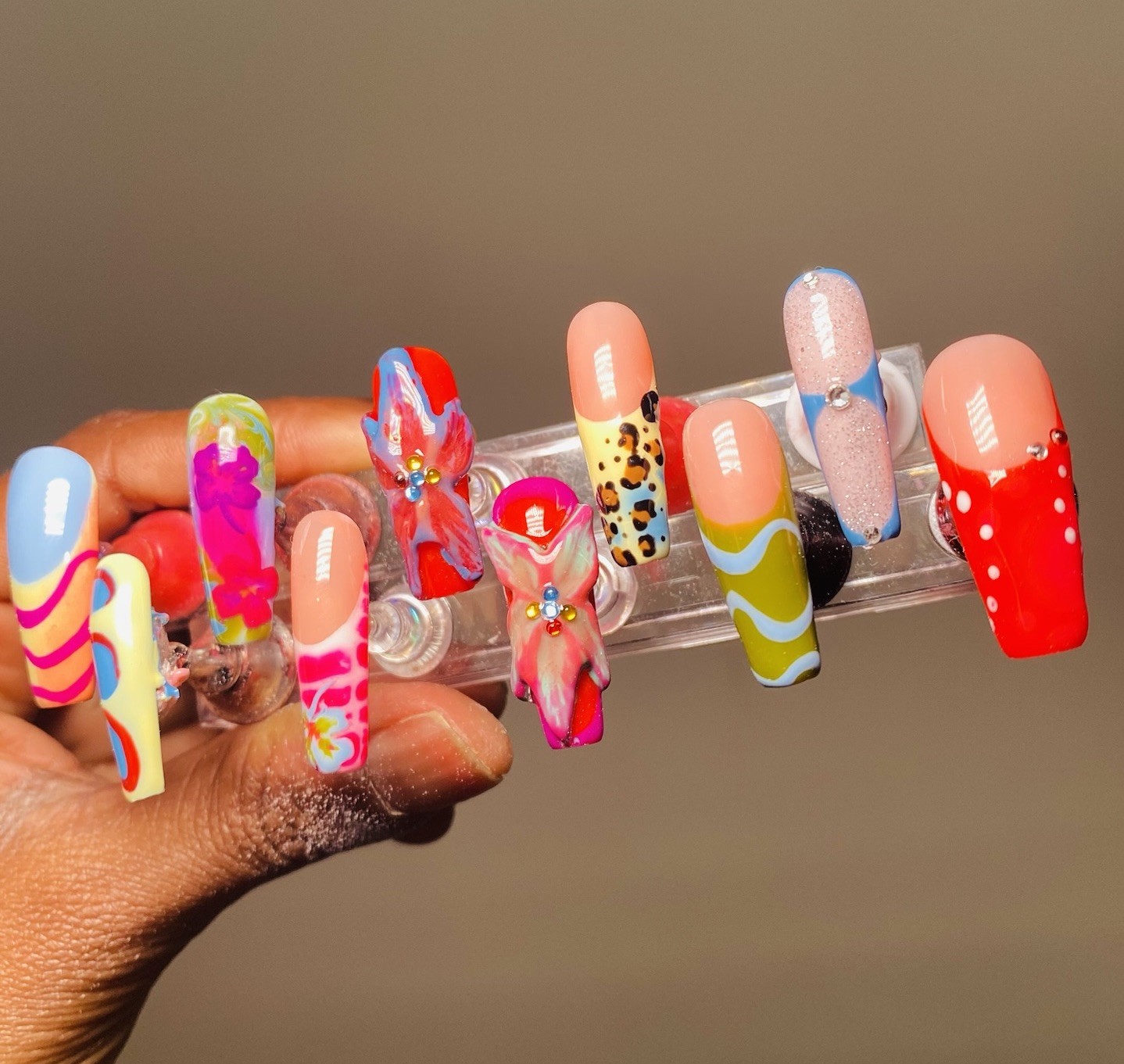 Authentic Nail Arts by Dia Long Coffin Press-On Nails Multicolor 3D Shiny