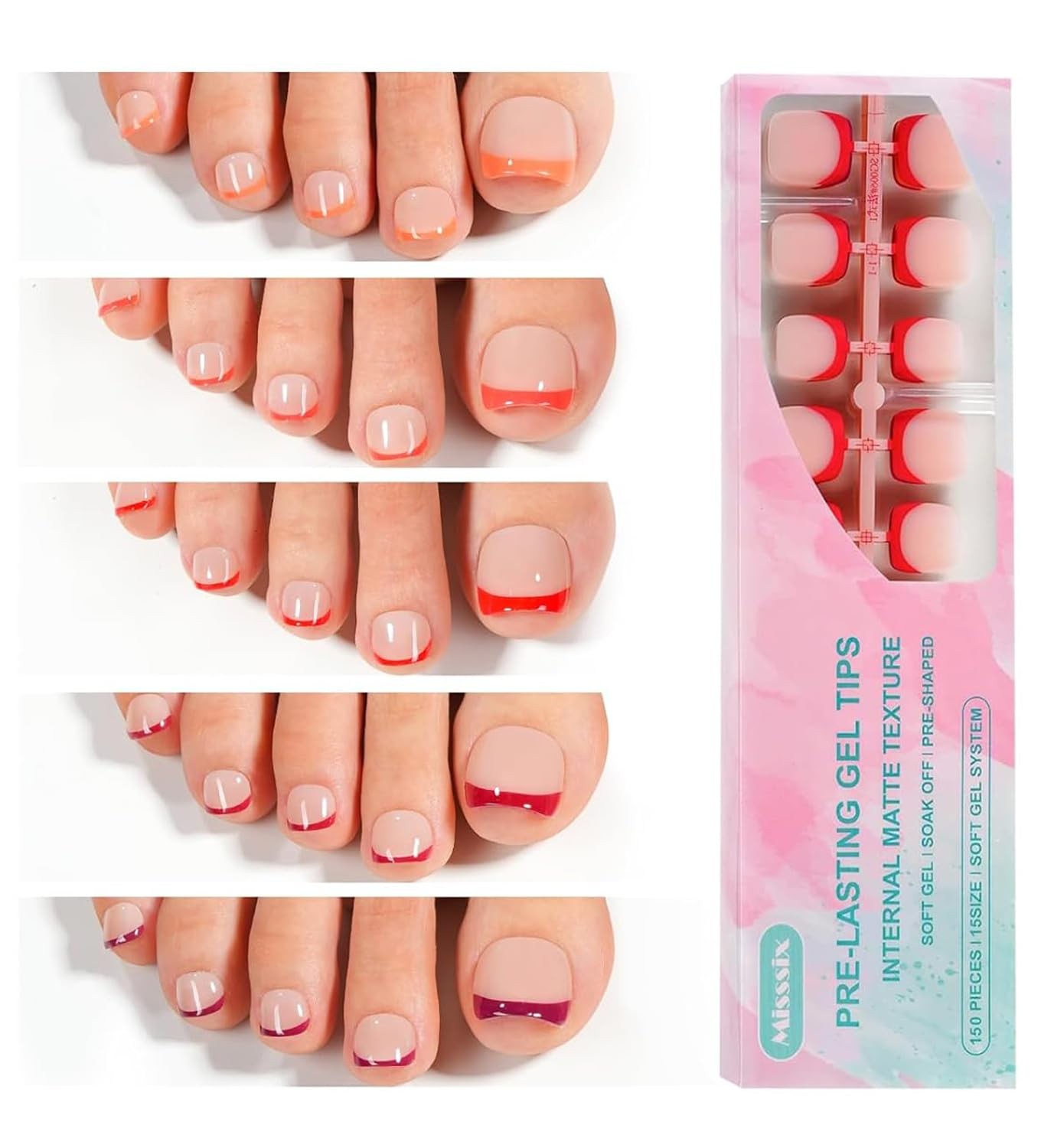 Misssix Press On Toe nails Short, 150Pcs Red French Toenail Tips, Square Soft…