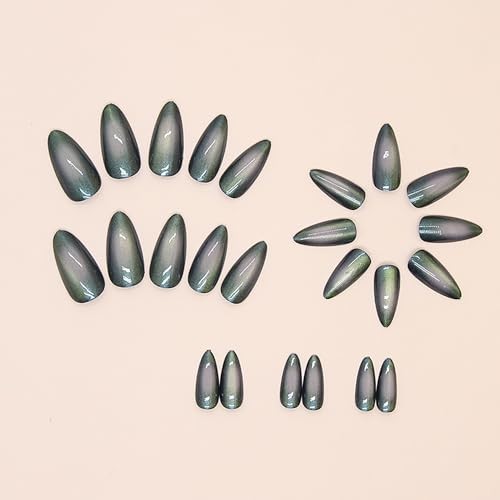 Medium Almond Shaped Cat Eye Nail Press on Nails – Dark Green – Green Cat Eye