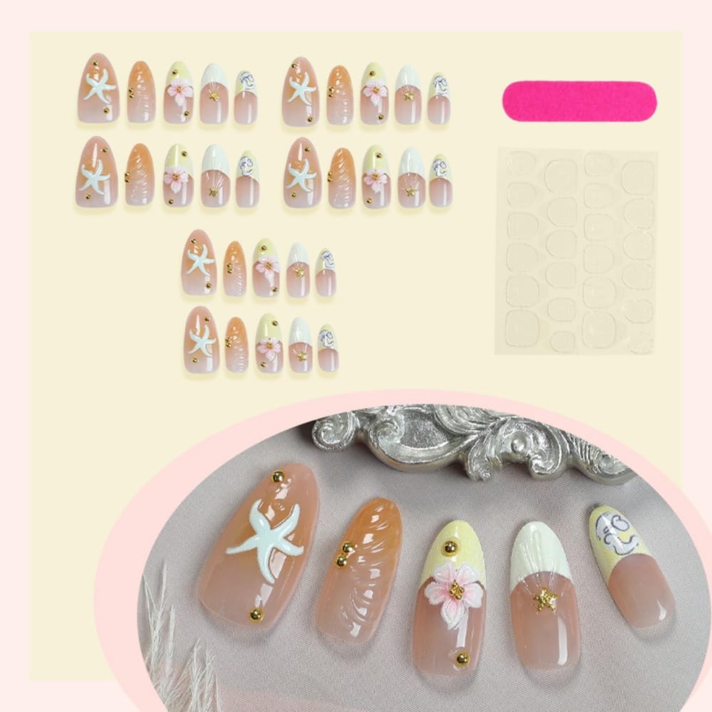 30 Pcs Press on Nails Short Almond Nail Tips,Summer Fake Nails Press ons Yell…