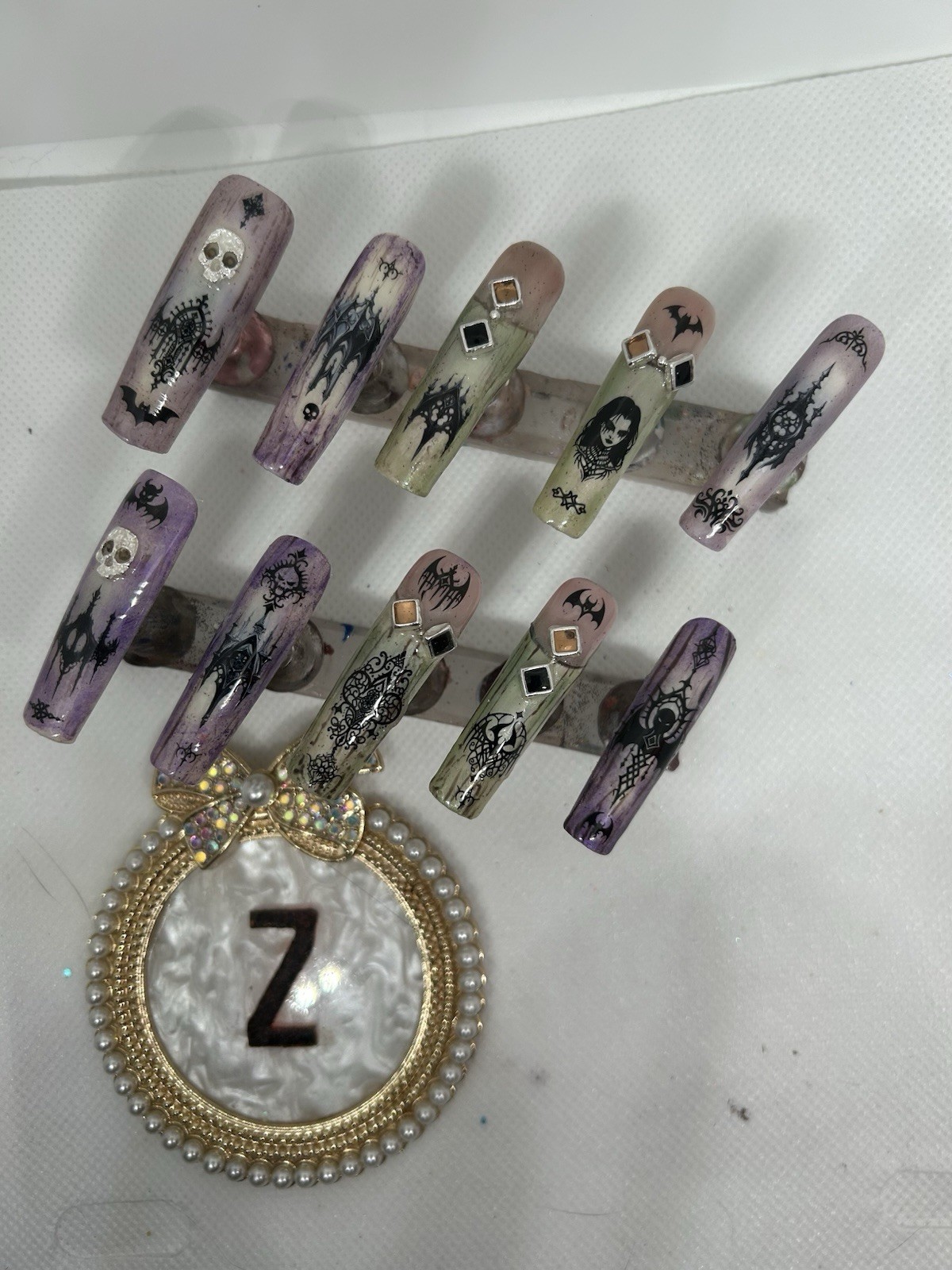 Z NAILZ! Handmade XXXL Square Gothic Design Purple/green Mist Press on Nails