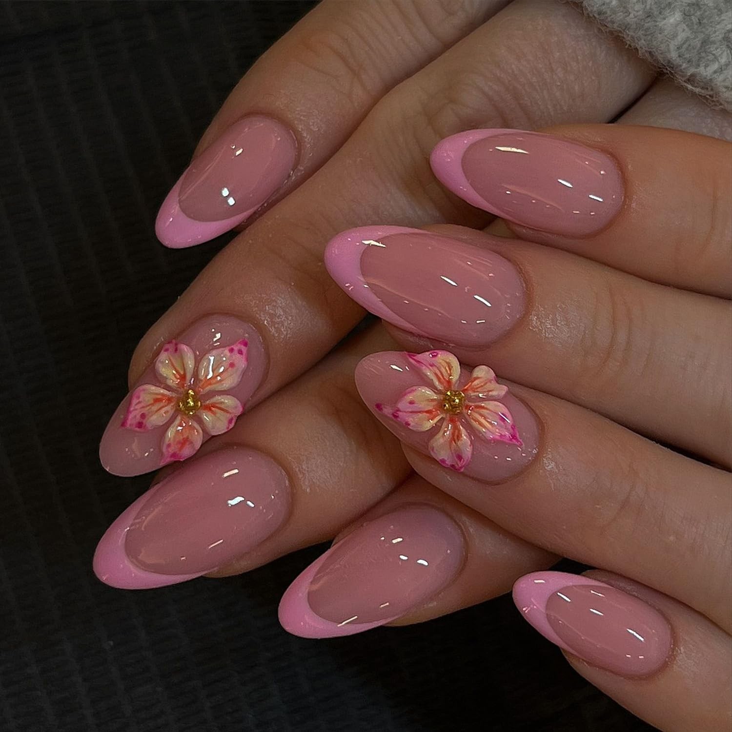 Pink French Tip Press On Nails Medium Almond Fake Nails With 3D Flower Design…