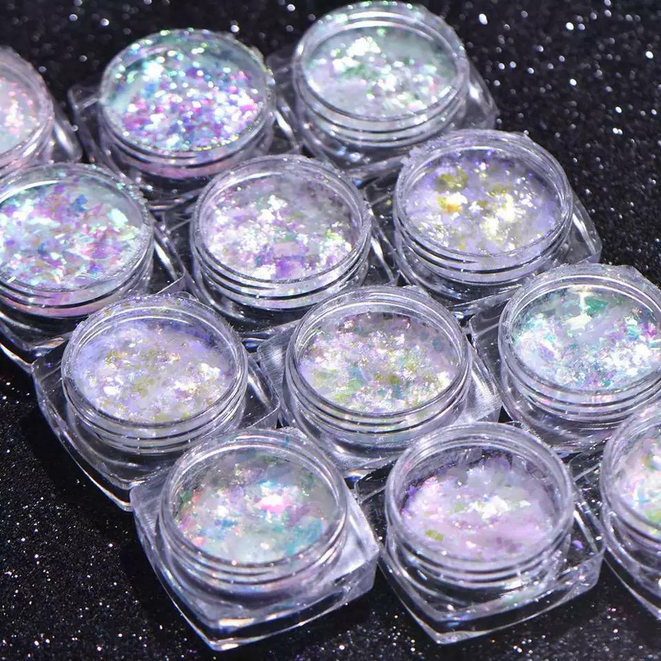 Aurora Chameleon Nail Flakes Transparent White Rainbow Unicorn Mirror Powder UK