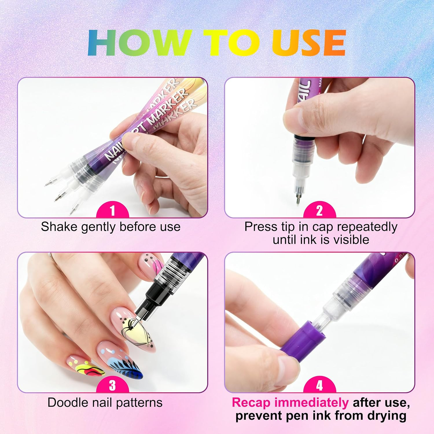 Nail Art Pens Markers Kit 12 Colors 0.5Mm Fine Tip Nail Polish Pens, Quick Dry W