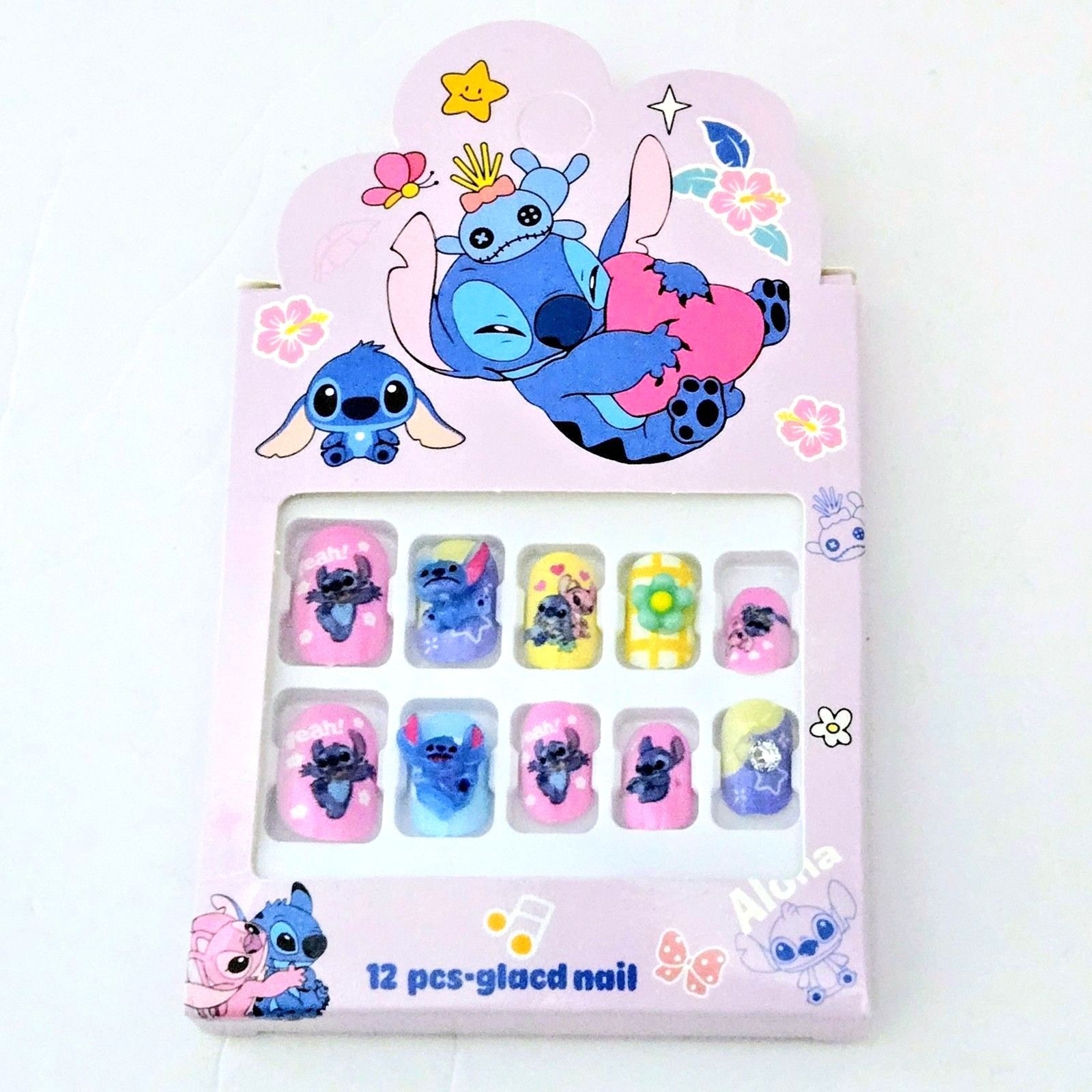 PRESS ON NAILS Disney Stitch 3D Art #1 For Kid/Teen *12 Nails Set* with Glue NEW