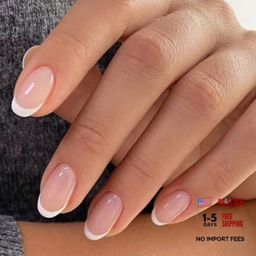 French Tip Press On Nails, Short Oval Fake Nails Nails Press B6-Nude French