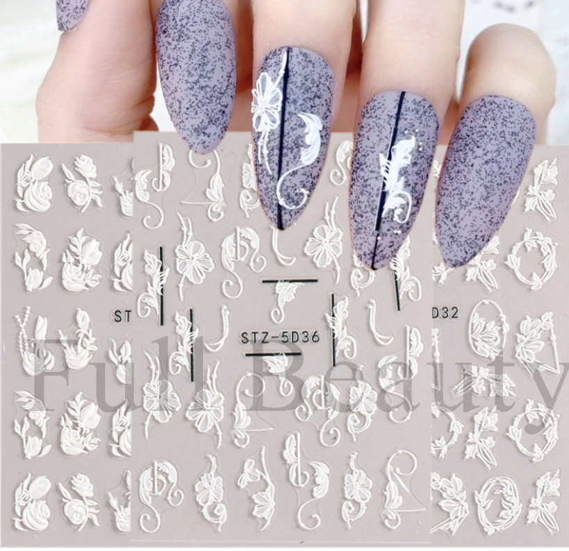 Pure White 5D Embossed Rose Flowers Butterfly Nail Stickers Adhesive Manicure