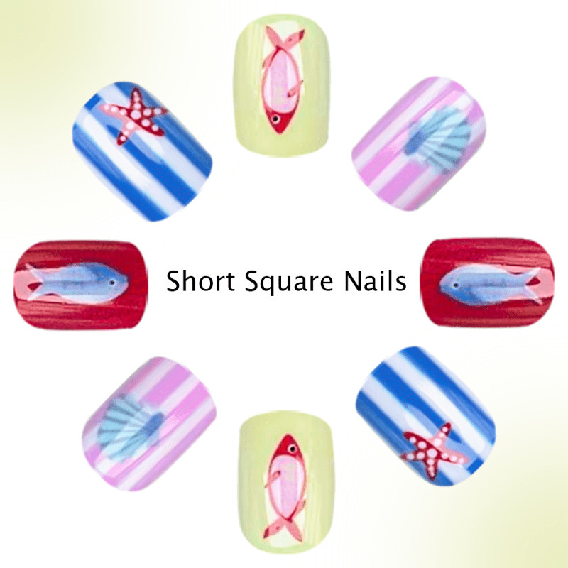 48Pcs Cartoon Fish Starfish Short Square Press on Nails, Lovely Beach Fake Nails