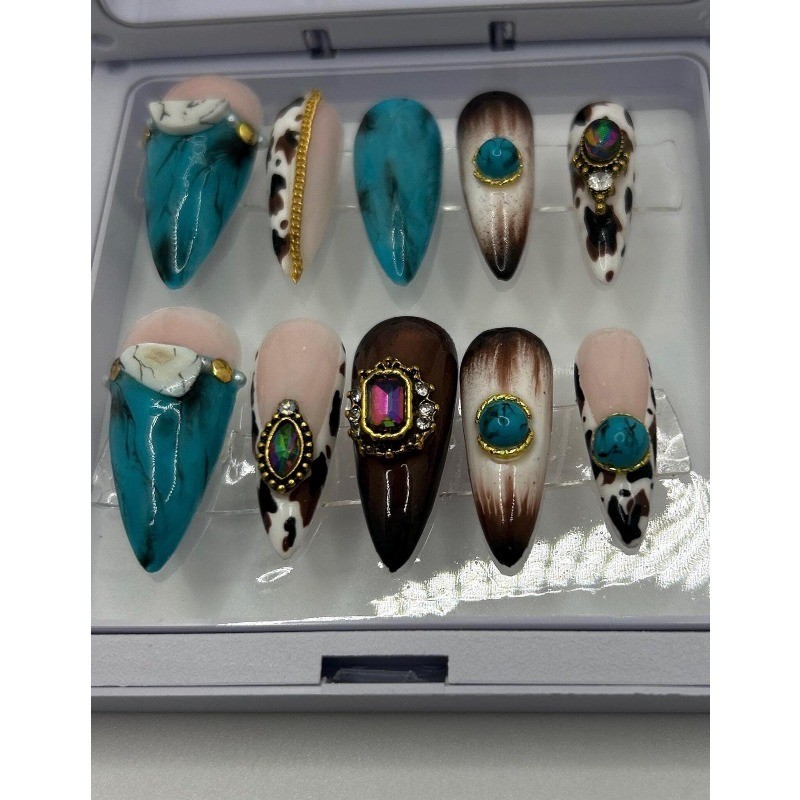 Custom Pure Handmade Nails Turquoise Cow Print Gem Gold Decor Western Manicure