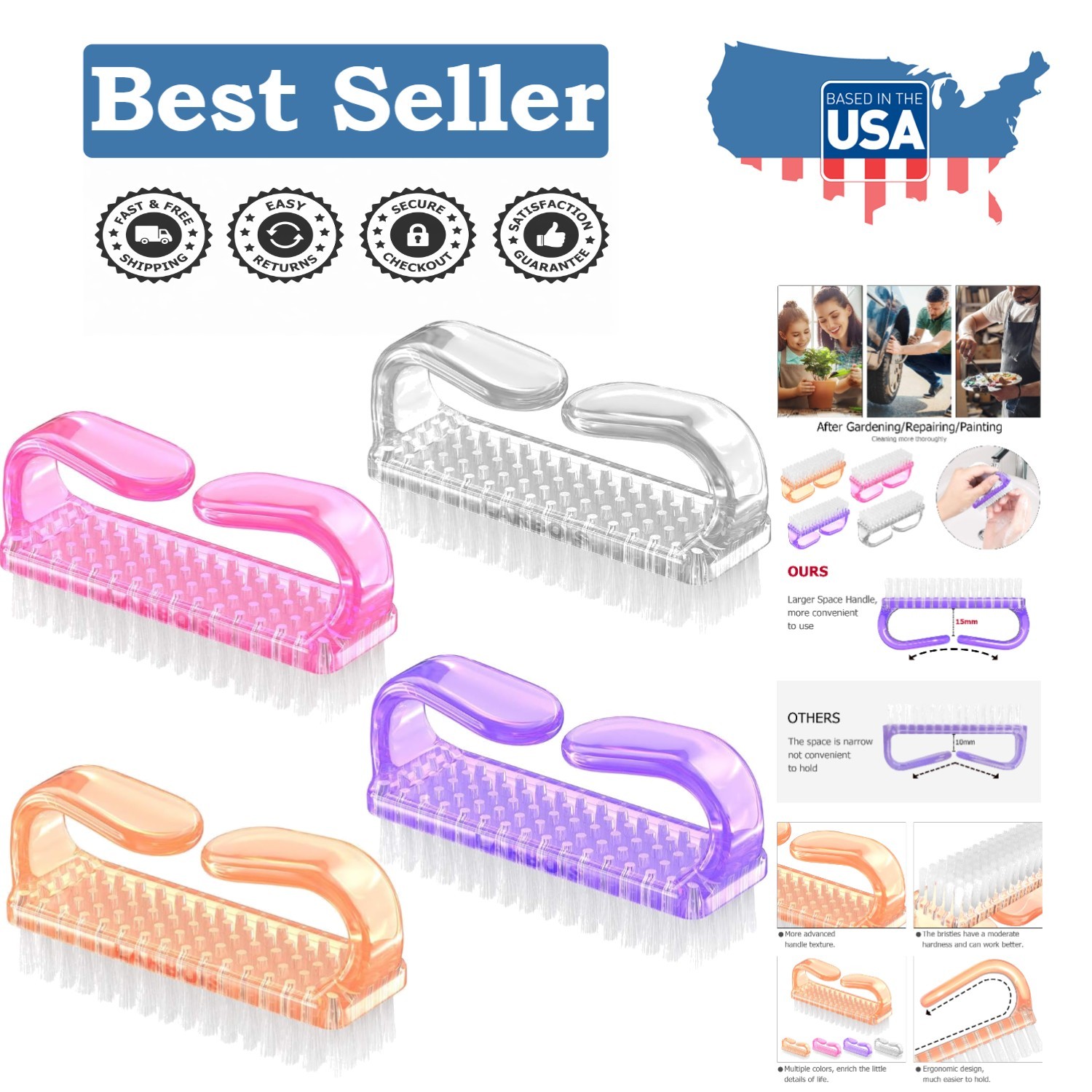Durable & Easy to Use Handle Grip Nail Brushes – 4 Pack for Effective Care