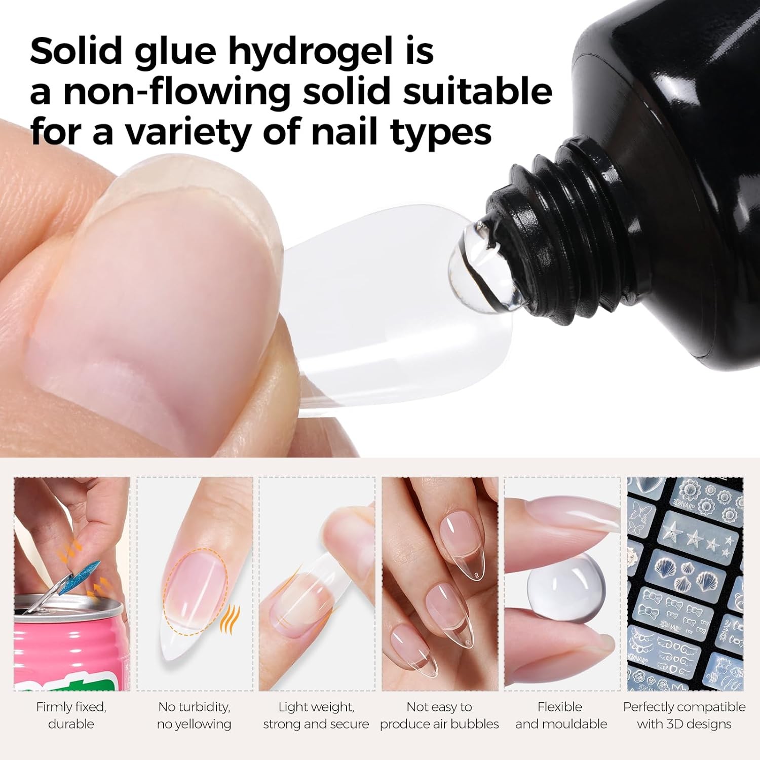 Solid Nail Glue Gel, 15g Long Lasting Strong Adhesive No-Stick Hands for Nail Ti