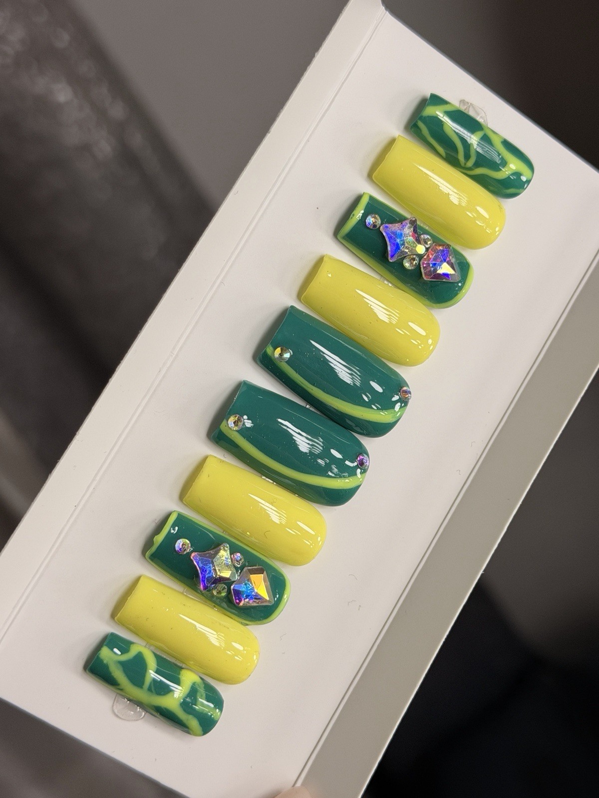 🤍 CUSTOM Hard Gel Press On Nails, GREEN YELLOW BLING 10p FULL SET W Kit