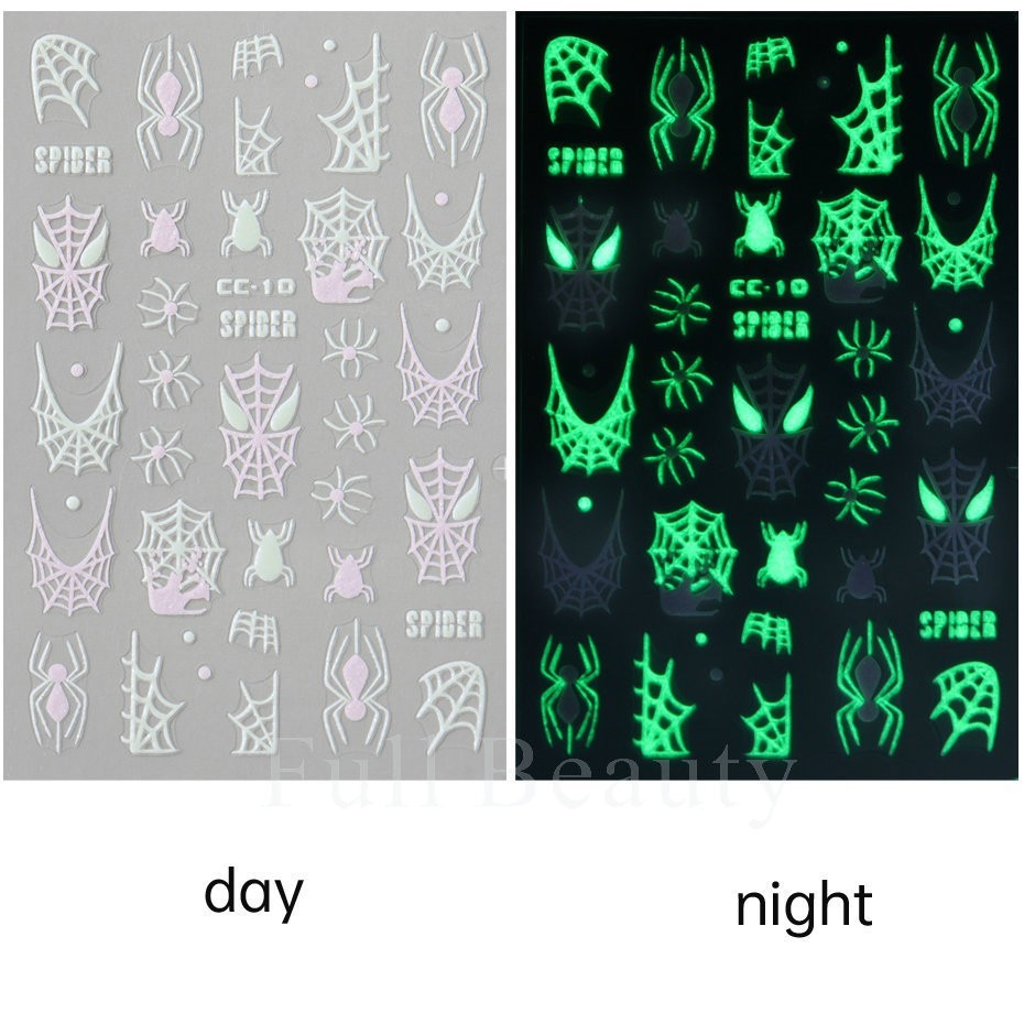 4Pcs Glow in The Dark Halloween Glitter Nail Decals Ghost Spider Web Skull NH30