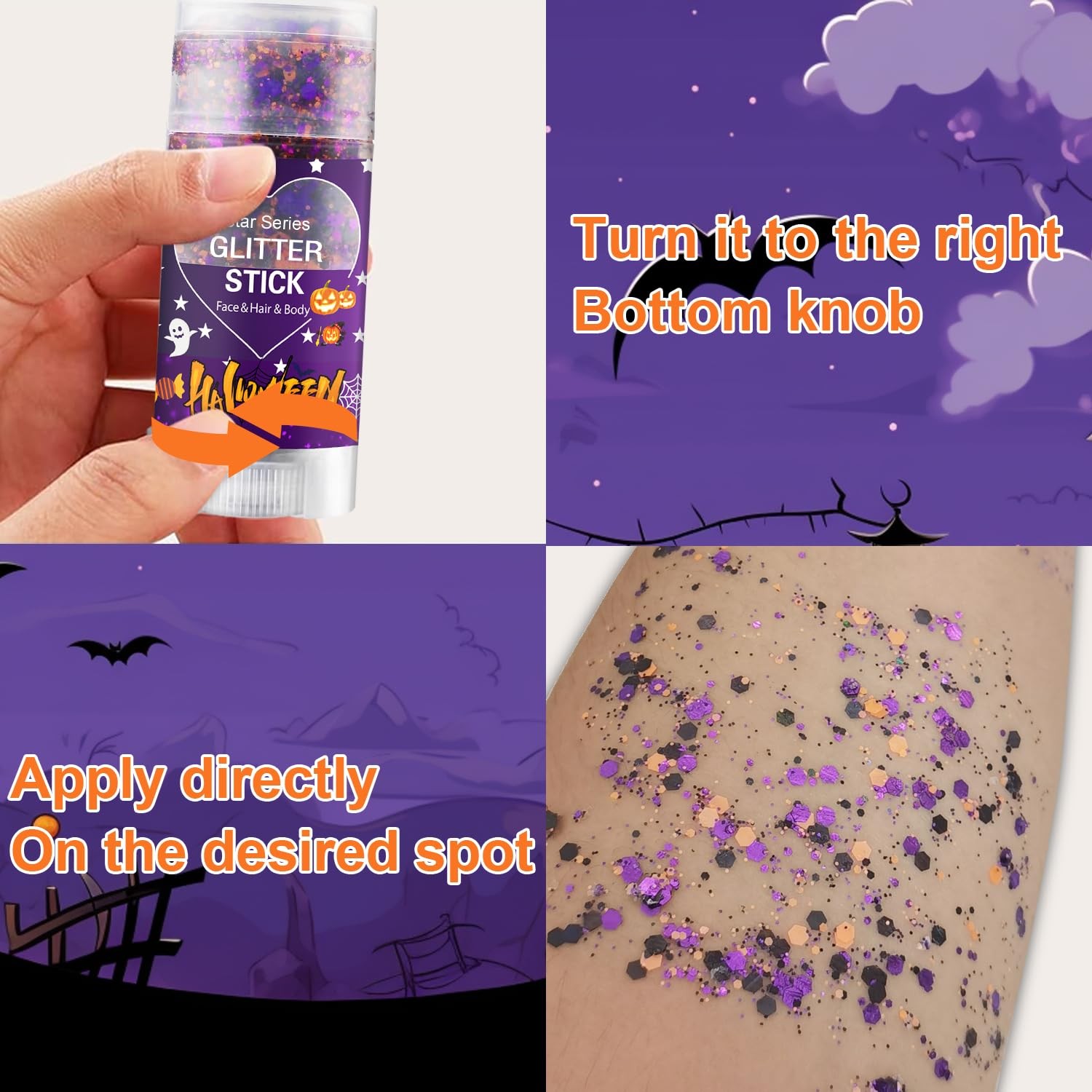 Halloween Body Glitter Stick, Black Orange Purple Sequin Hair Glitter for Rum…