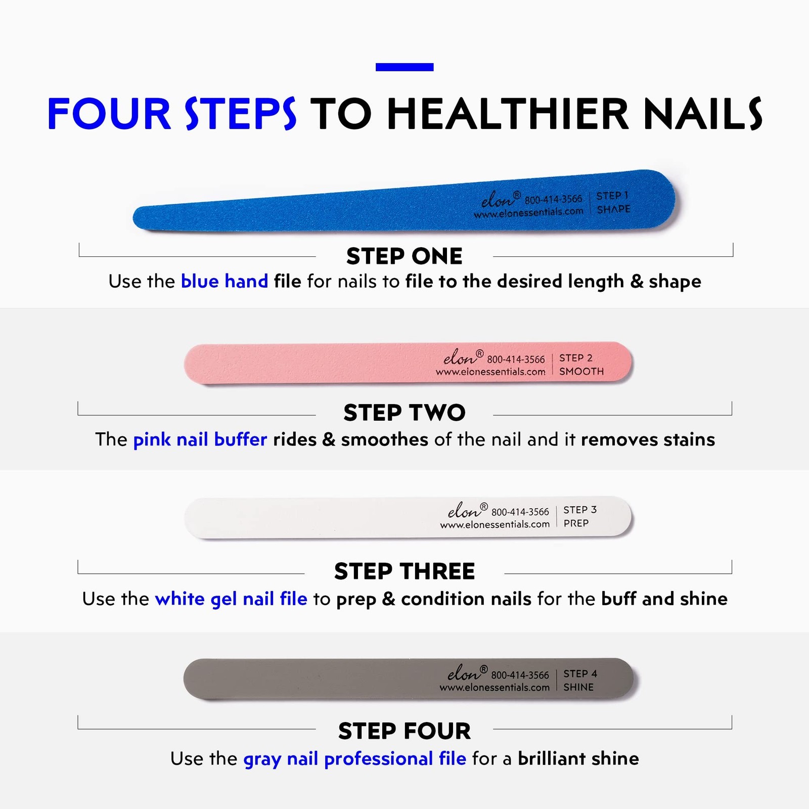 Elon Professional Nail File Set – 4 Step Fingernail Files and Buffers for