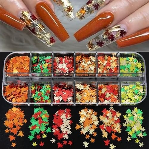 12 Grids Fall Nail Glitters 3D Gold Maple Leaf Nail Sequins with Autumn
