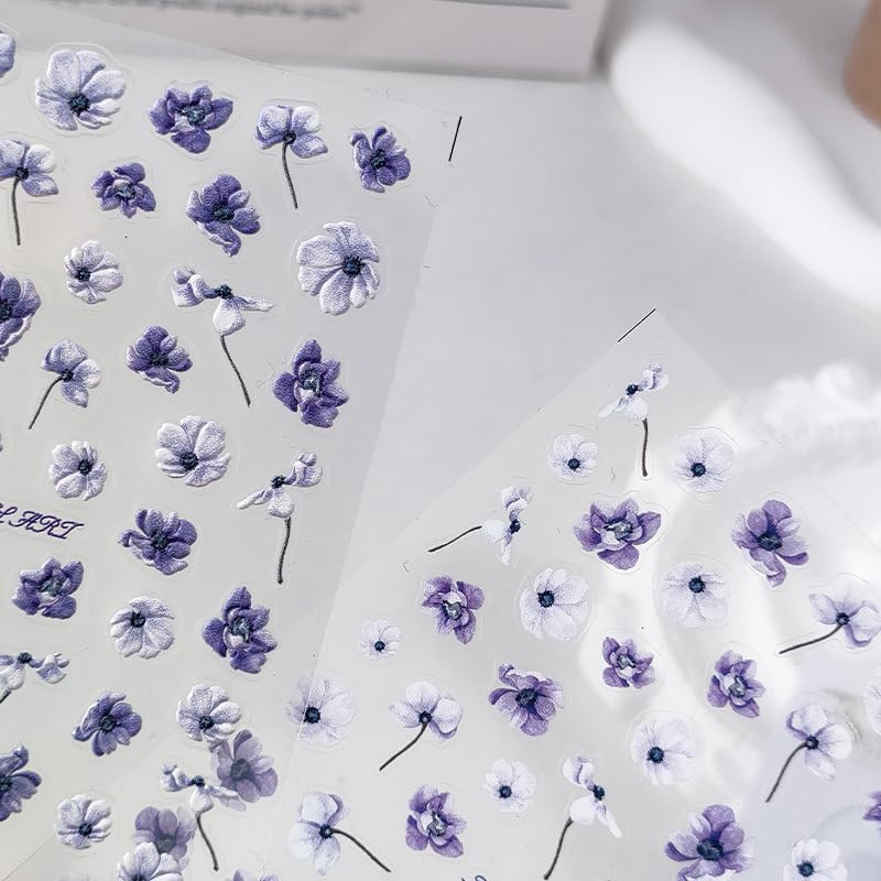 Flower Nail Art Stickers 5D Embossed Purple Floral Nail Stickers for Nail Art Se
