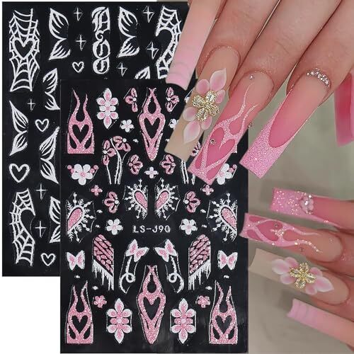 6 Sheet Butterfly Flower Nail Art Sticker Decals 3D Self-Adhesive Glitter Pink