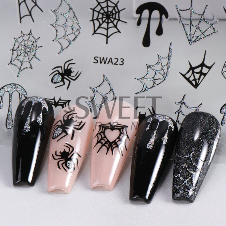 Halloween Nail Art Stickers Black Red Spider Web Blood Star French Decals NH27