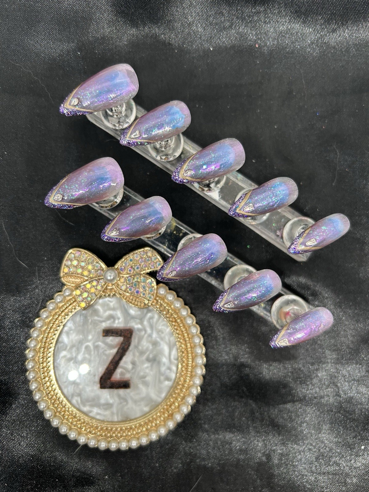 Z NAILZ! Handmade M Stiletto Jelly Purple Ombre’ With Stones/glitter Press Ons