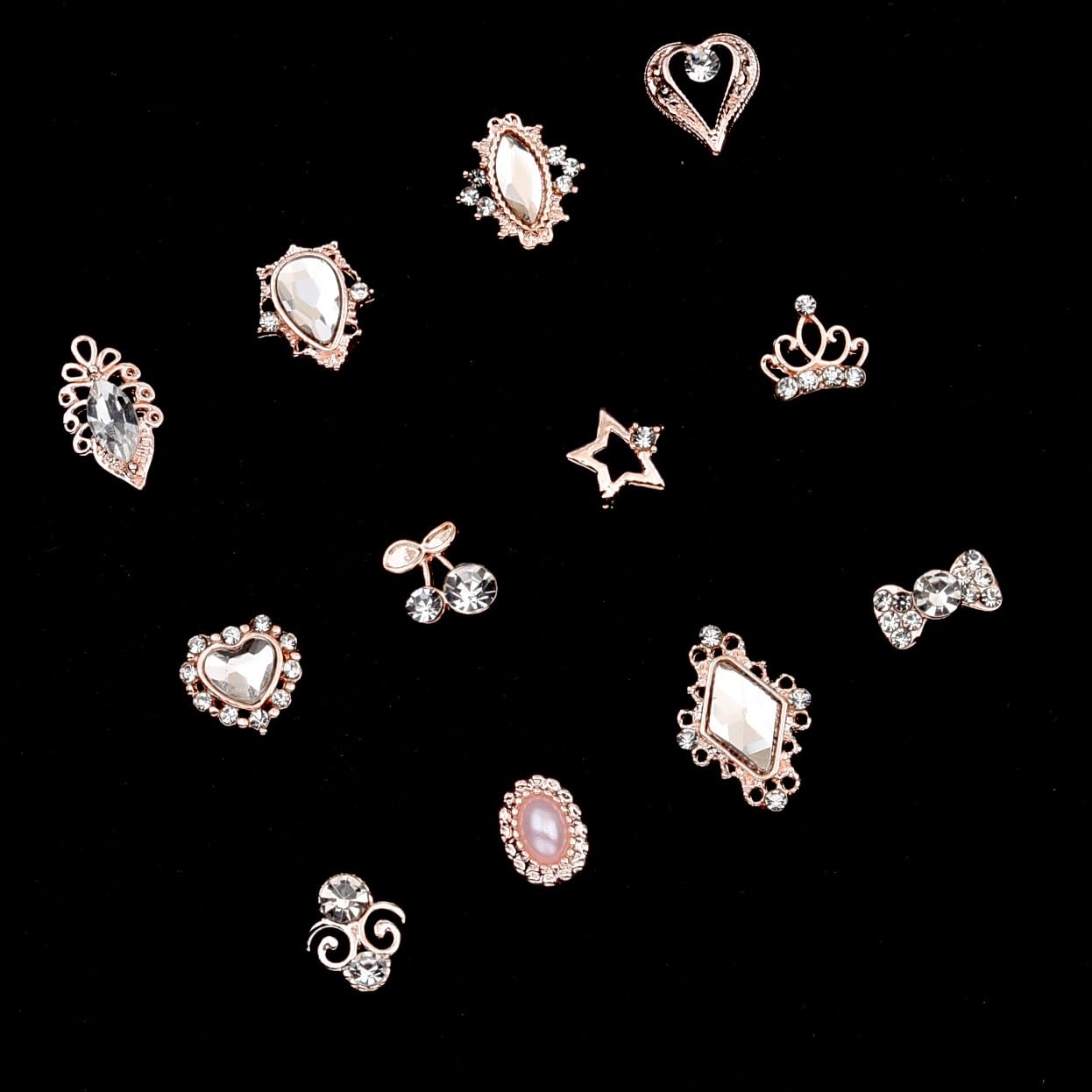 120pcs 12 Styles Black Metal Nail Charms Nail Bows Crushed Rabbit 3D Heart Ro…