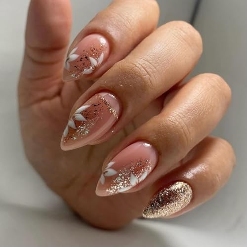 24Pcs Press on Nails Short Almond Shape Fake Nails with Flower Designs Glitter