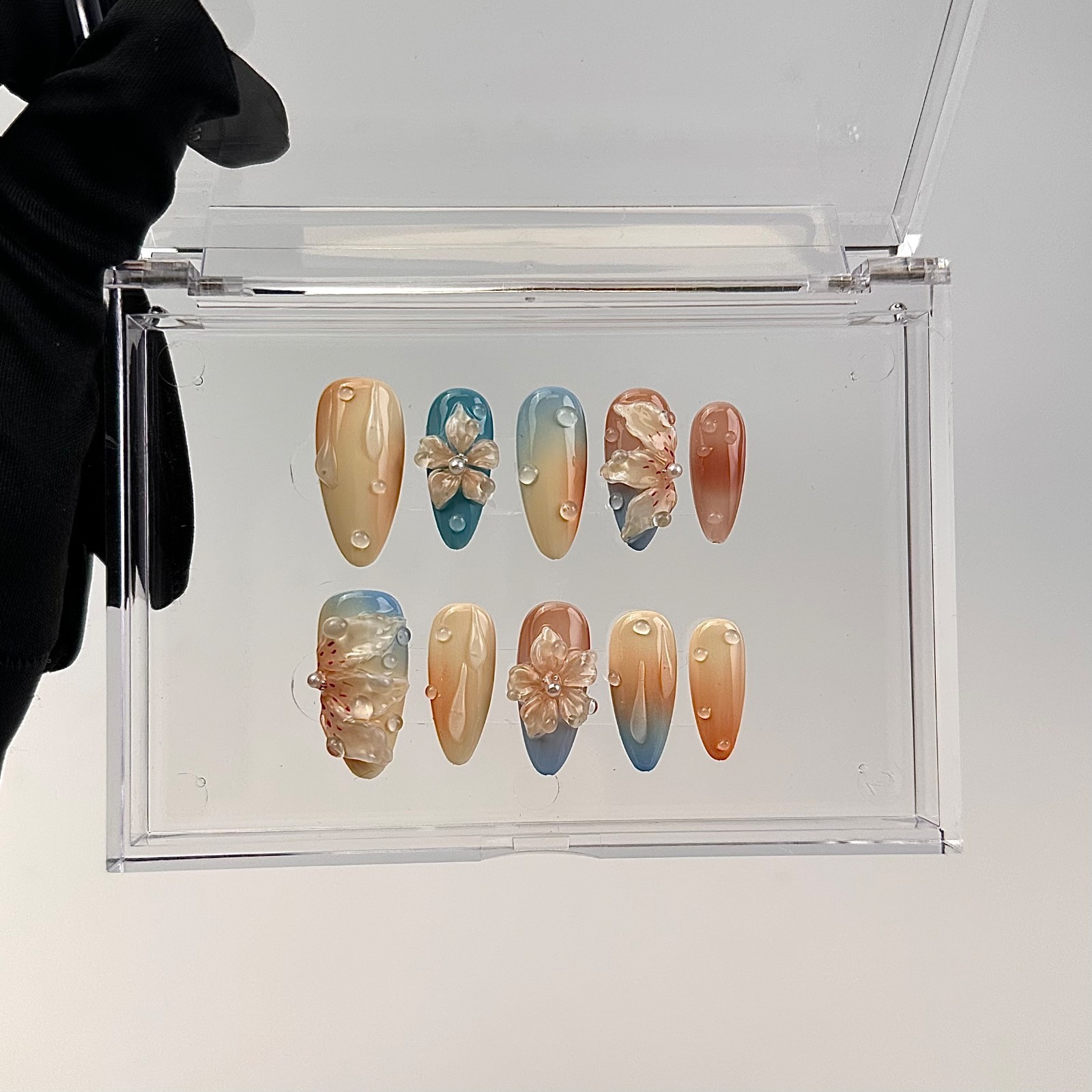 Blue Orange Flower Press On Nails Medium Almond 3D Waterdrop Glue On Set