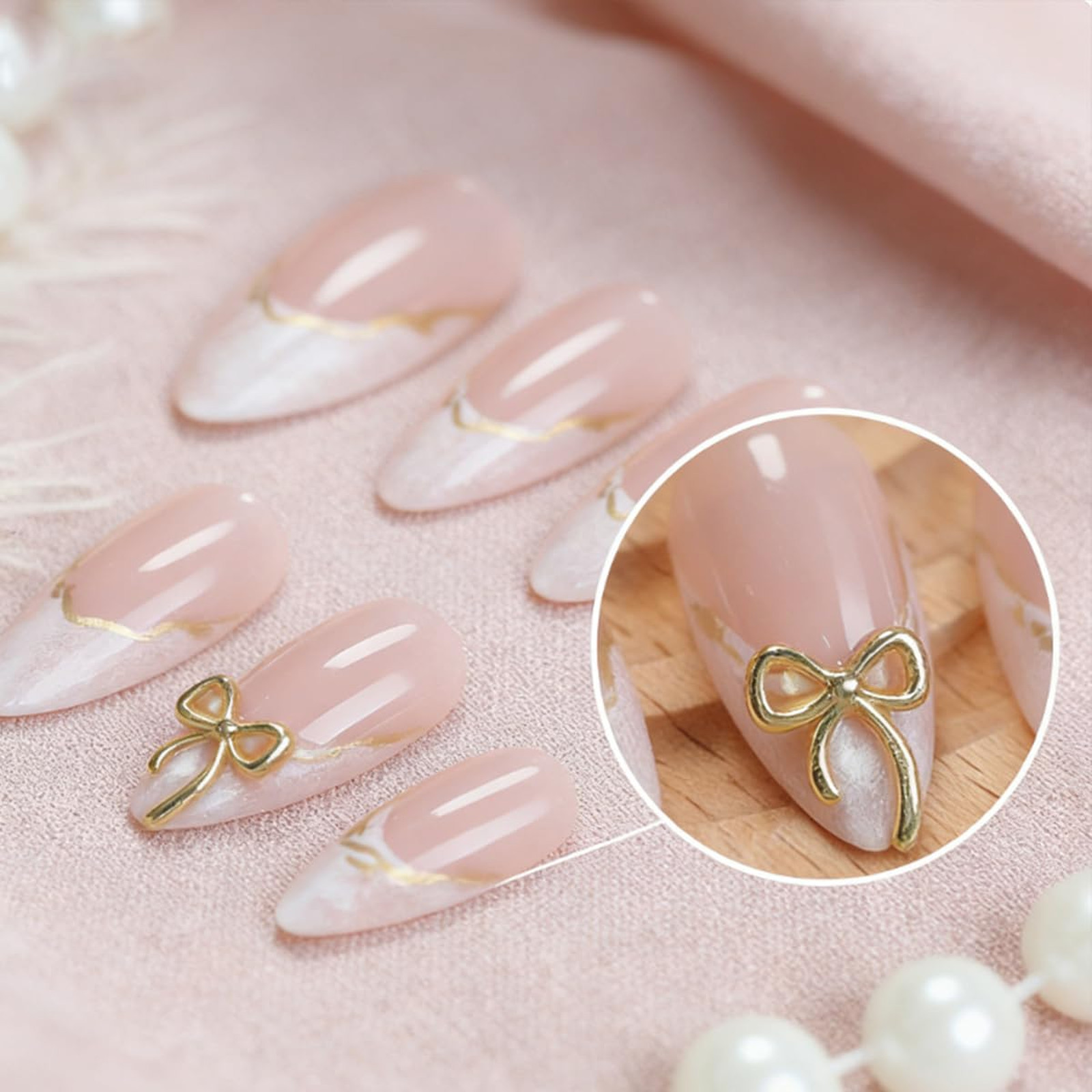 French Press On Nails Medium Almond with 3D Bow Acrylic Design, Gold Line, 24