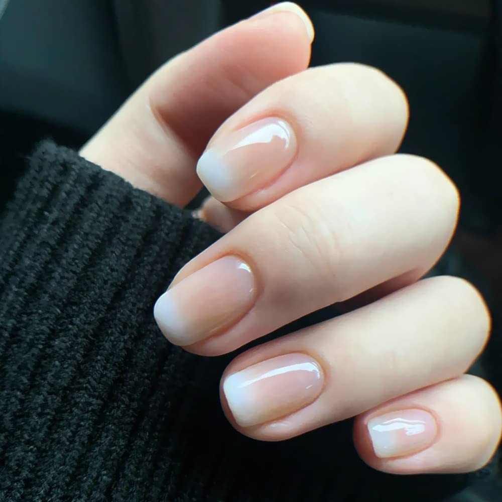 Natural Beige Nude White Press on Nails Short Squoval French Nail Tips False Nai
