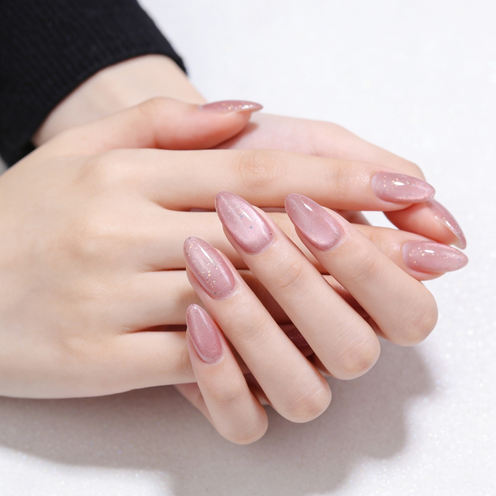Sakura Pink Cat Eye Almond Press On Nails – Gold Foil Glitter Bridal False Nails