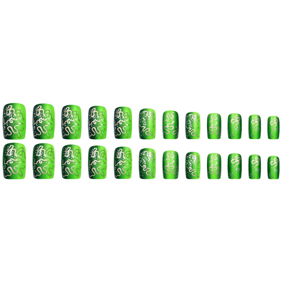 48P Short Square Press on Nails Green Black Gradient Gold Snake Fake Nails