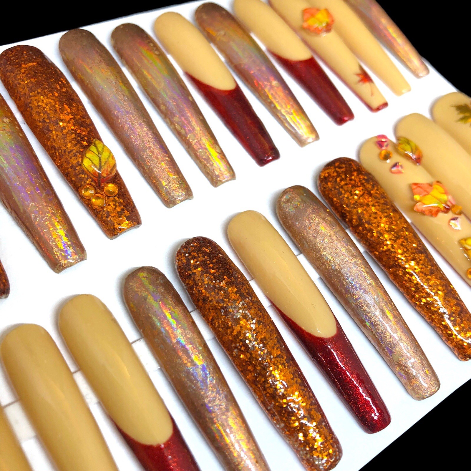 Handmade Custom Press On Nails 2XLong Coffin Fall Leaves Holograms Glitter Bling