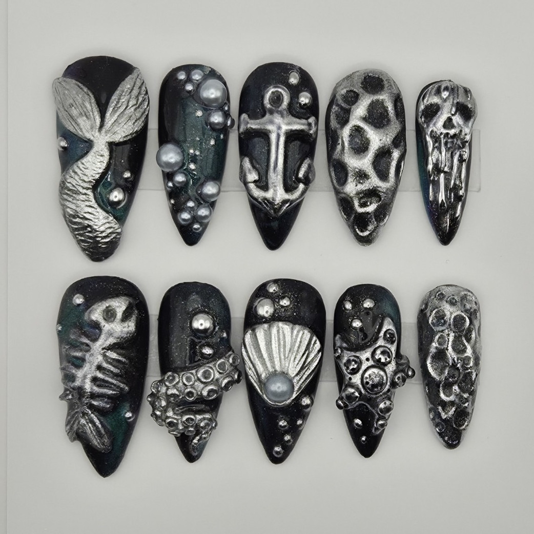 Press On Nails Stiletto Cat Eye Black Green Purple Chrome Pearls 3D Siren Set