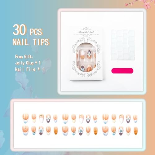 Summer Press on Nails – Short Almond Fake Nails – French Tip – Style 7